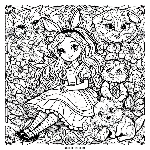Alice In Wonderland With The Rabbit And The Cheshire Cat Stained Glass Coloring Page