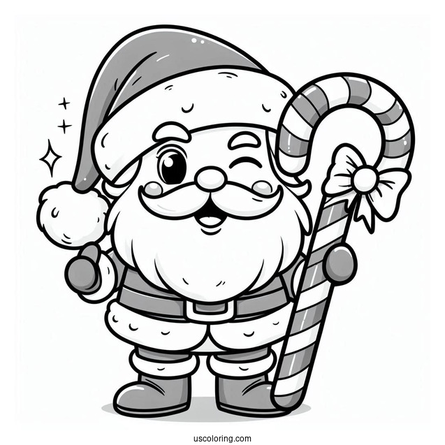 Cartoon Santa Winking While Carrying A Candy Cane Coloring Page For Kids