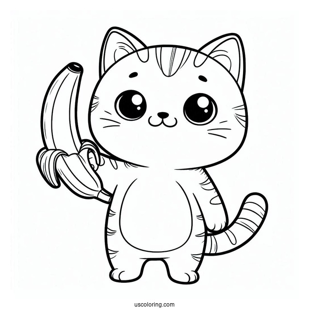 Tabby Cat Holding Up A Banana Coloring Page For Kids