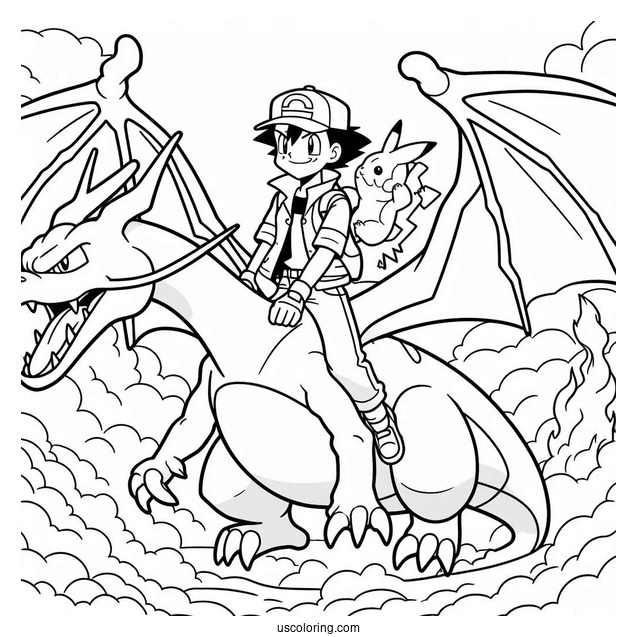 Coloring Sheet Of Ash And PIkachu Riding Charizard