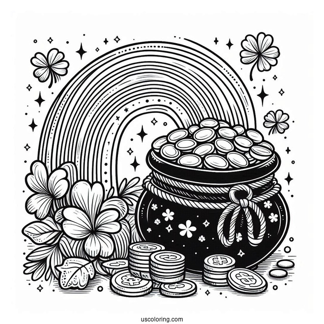 Pot Of Gold At End Of The Rainbow To Color