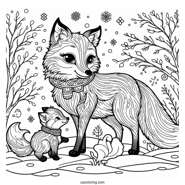 Mother Fox And Baby Fox In Winter Coloring Page For Kids