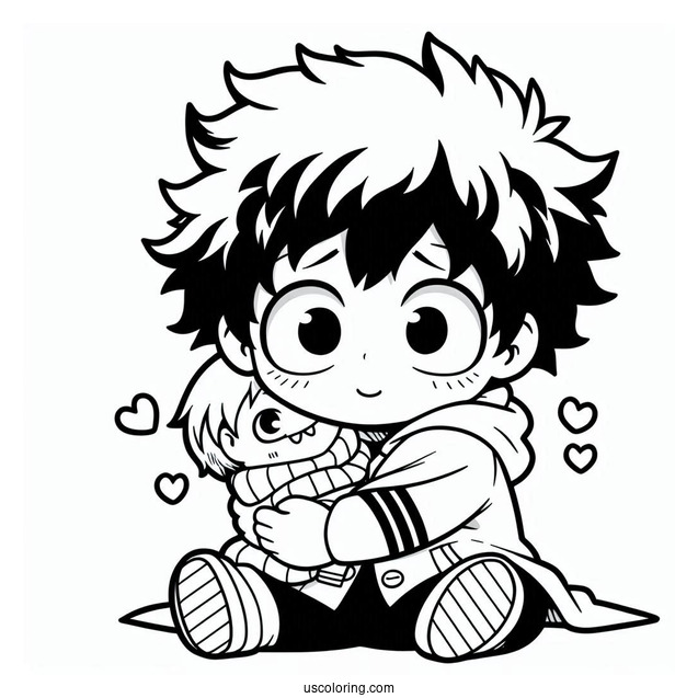 Kawaii Chibi Deku Coloring Page Hugging Shoto Todoroki