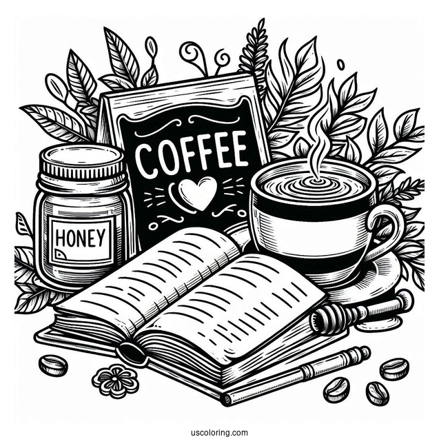 Coffee Coloring Pages Of Cup Next To Honey Jar, Signage, And Open Book