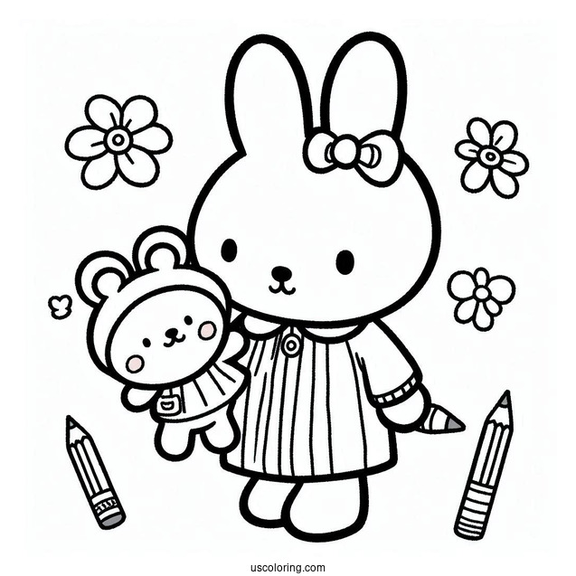 Easy Miffy Coloring Page Holding Stuffed Bear For Kids