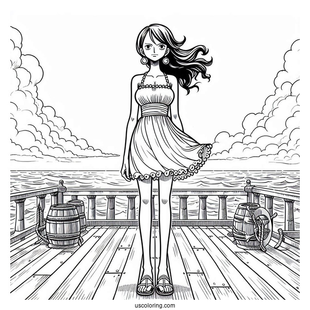 One Piece Coloring Page Of Nami Standing On Deck