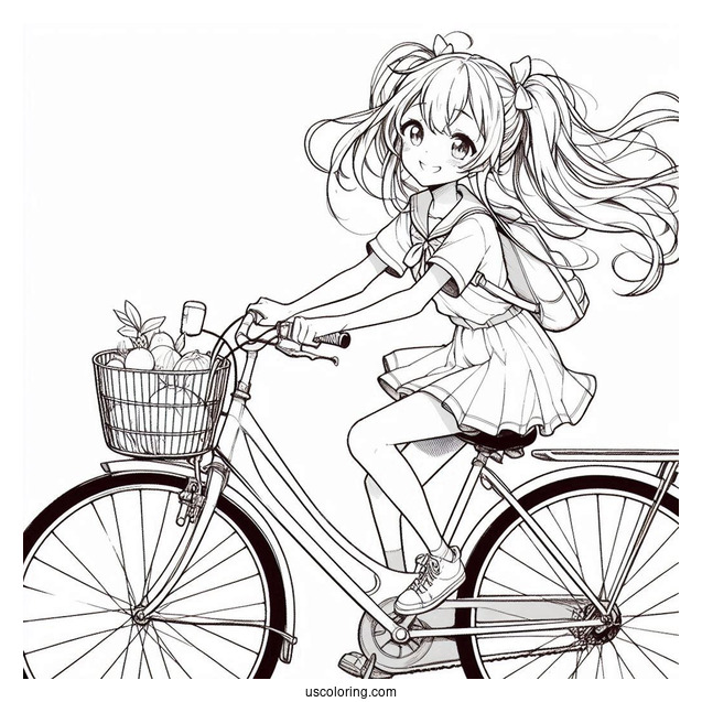 Anime Girl Riding Bicycle Coloring Page