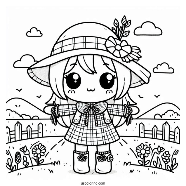 Kawaii Little Scarecrow Coloring Page On A Farm Field For Kids