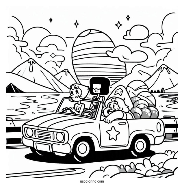 Steven Universe Coloring Page Of Driving Car With Pearl, Amethyst, Bismuth, And Garnet