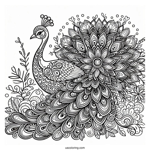 Peacock Coloring Page in Ornamental Mandala Style With Floral Pattern