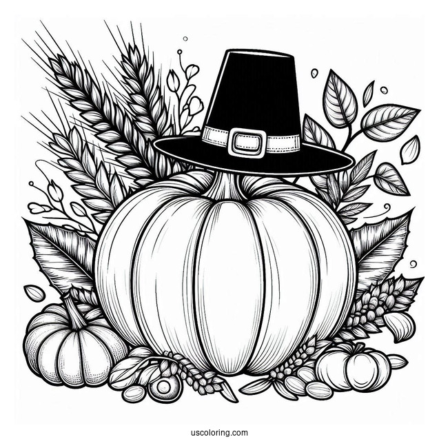 Pumpkin Coloring Page With Pilgrim's Hat, Fall Leaves, And Wheat