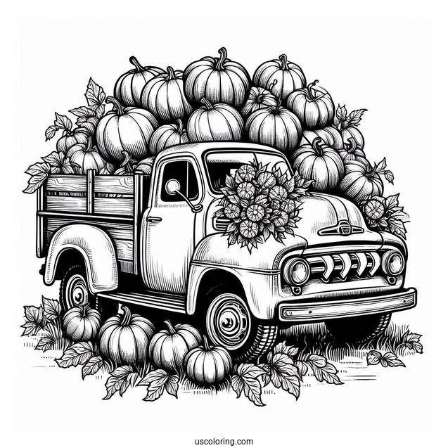 Vintage Truck Full Of Pumpkins Coloring Page
