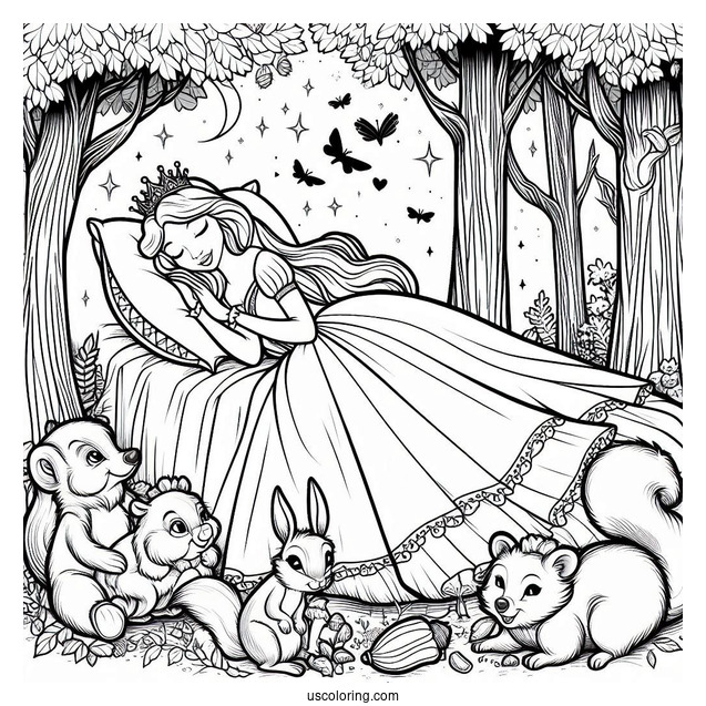 Sleeping Beauty With Forrest Critters Coloring Page