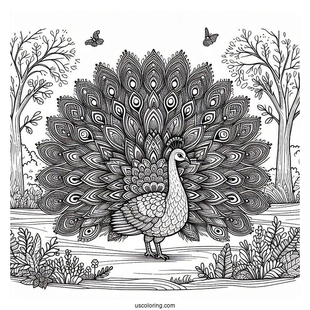 Peacock Coloring Page with Fully Fanned Tail in Forest Clearing For Adults