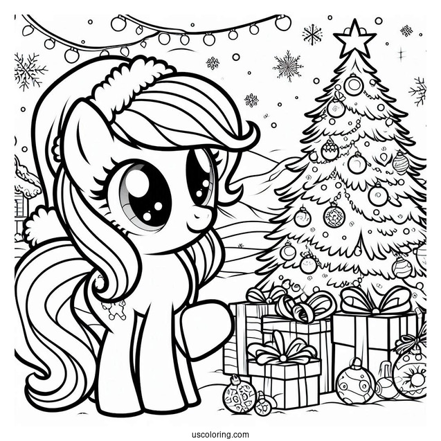 Coloring Page of My Little Pony In Front Of Christmas Tree