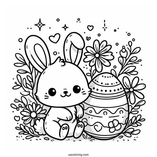 Cute Bunny And Flowers Easter Egg Coloring Page