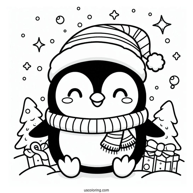 Kawaii Penguin Christmas Coloring Page