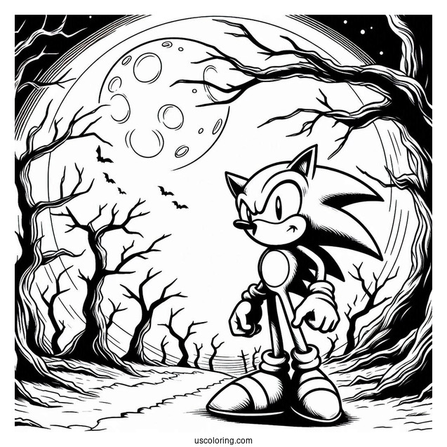 Creepy Sonic Exe Coloring Page With Dead Trees And Full Moon In Background