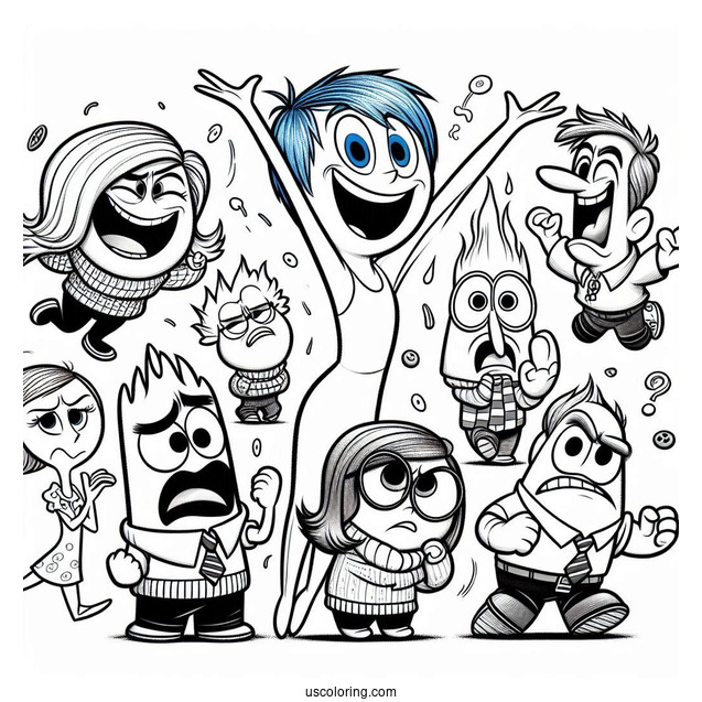 Pixar Coloring Page of Inside Out Joy, Anger, Fear, Sadness, Disgust
