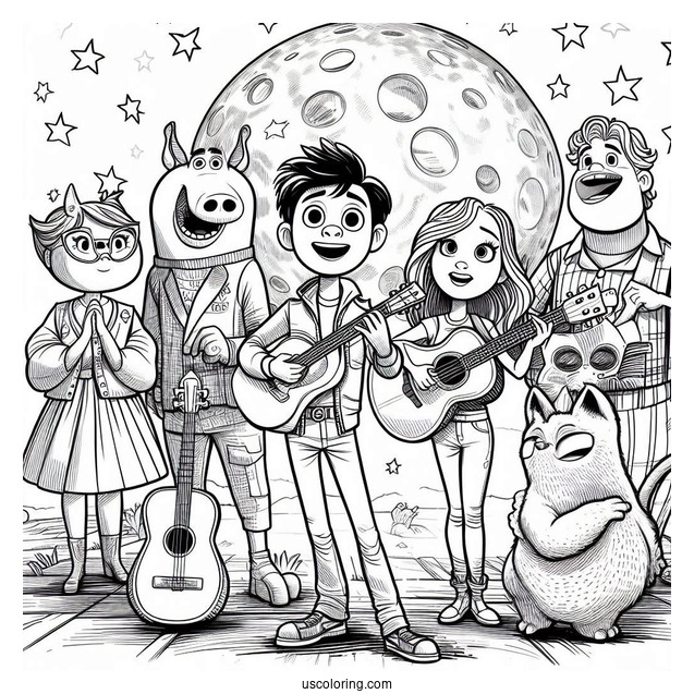 Sing Coloring Page Of Gunter, Rosita, Buster Moon, Johnny, Ash, And Meena In Sing Poster