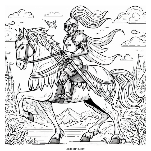Mighty Knight On A Horse Coloring In For Preschoolers