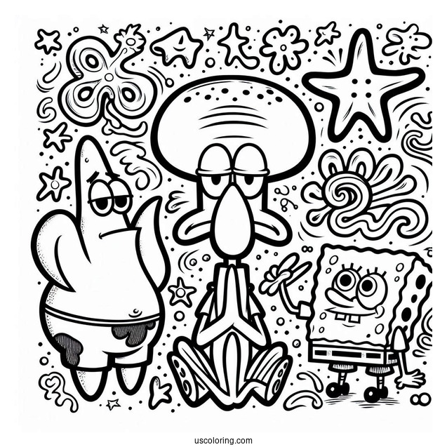 Detailed Squidward Coloring Page With SpongeBob And Patrick Star