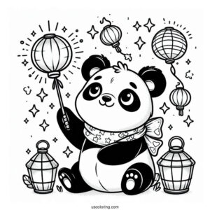 Panda Coloring Page with Sparkling Wand and Floating Lanterns For Kids