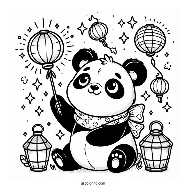 Panda Coloring Page with Sparkling Wand and Floating Lanterns For Kids