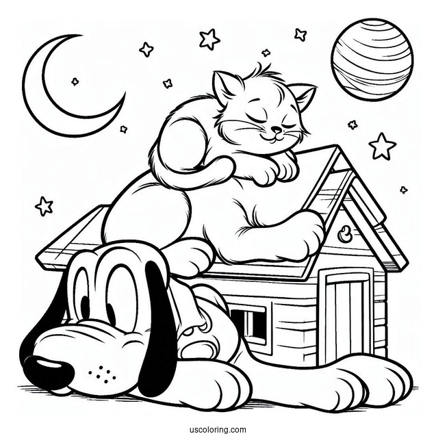 Cat Sleeping On Top Of Pluto Coloring Page In Dog House