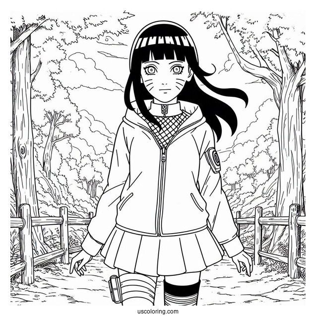 Naruto Coloring Page Of Hinata Hyuga Standing in Forest Path For Kids