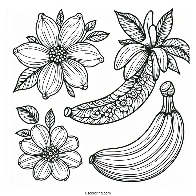 Pretty Banana Coloring Page With A Flower