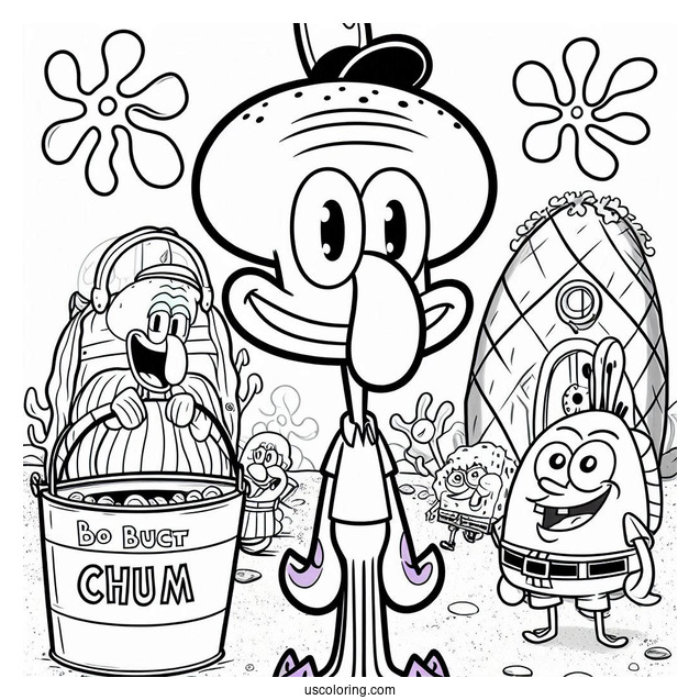 Handsome Squidward Coloring Page Posing In Front Of Chum Bucket