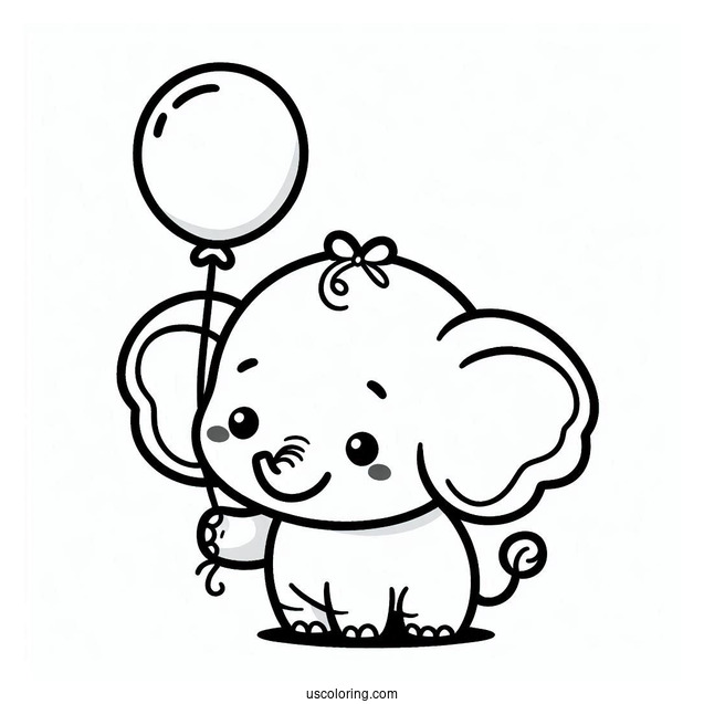 Kawaii Elephant Holding Balloon Coloring For Preschoolers
