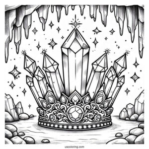 Crystal Crown Coloring Page in a Glittering Gemstone Cave