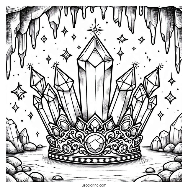 Crystal Crown Coloring Page in a Glittering Gemstone Cave