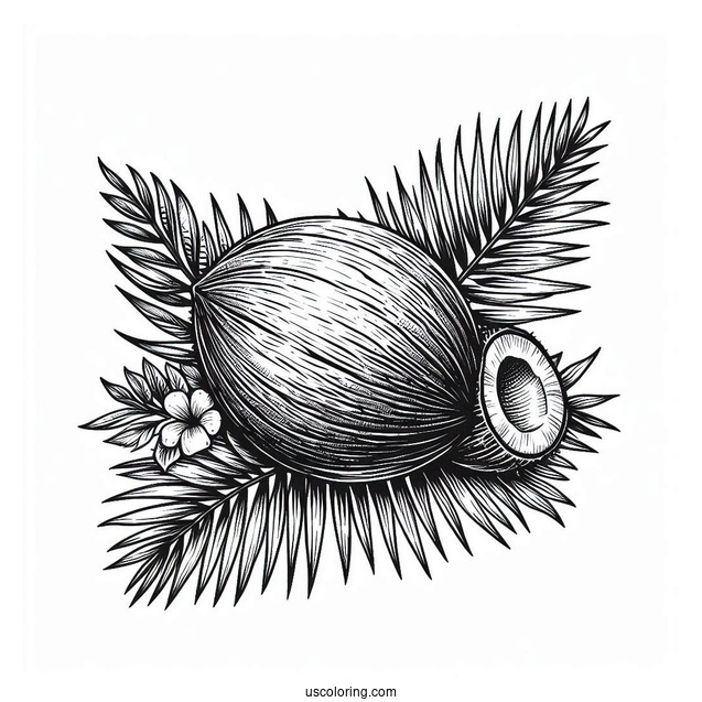 Realistic Coconut Coloring Page On Leaves