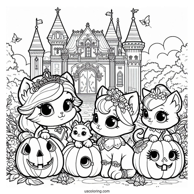Palace Pets Coloring Page Of Treasure, Petite, Pumpkin And Ms. Featherbon In Front Of Castle