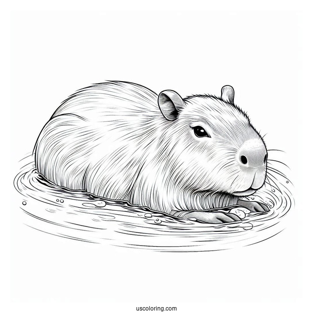Realistic Capybara Coloring Page Taking A Bath