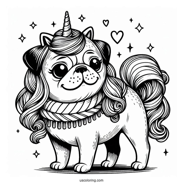 Pug Wearing a Unicorn Horn To Color