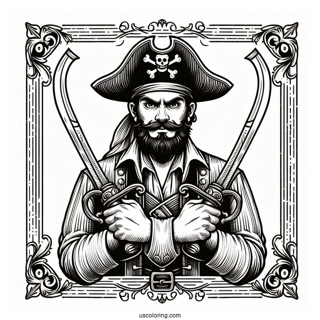 Pirate Coloring Page Holding Up Two Daggers For Kids