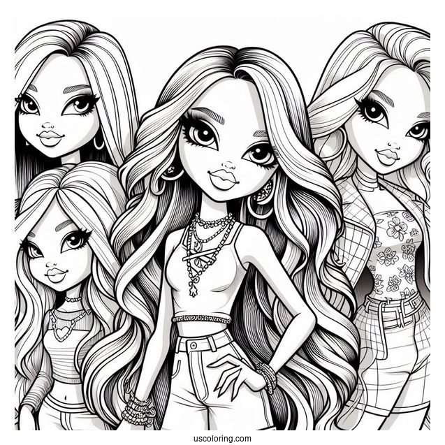 Bratz Jade, Sasha, Cloe, and Yasmin Coloring In