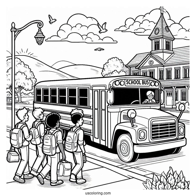 School Bus Picking Up Students At Bus Stop