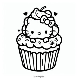 Adorable Hello Kitty Cupcake Coloring Page