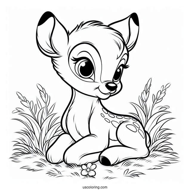 Bambi Sitting On Grass Coloring In