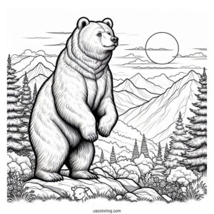 Realistic Bear Coloring Page Standing Up In Mountainside