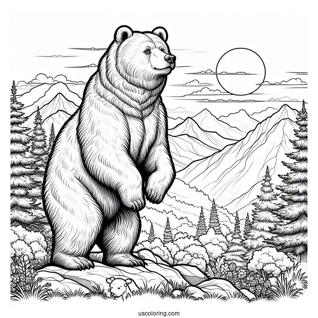 Realistic Bear Coloring Page Standing Up In Mountainside