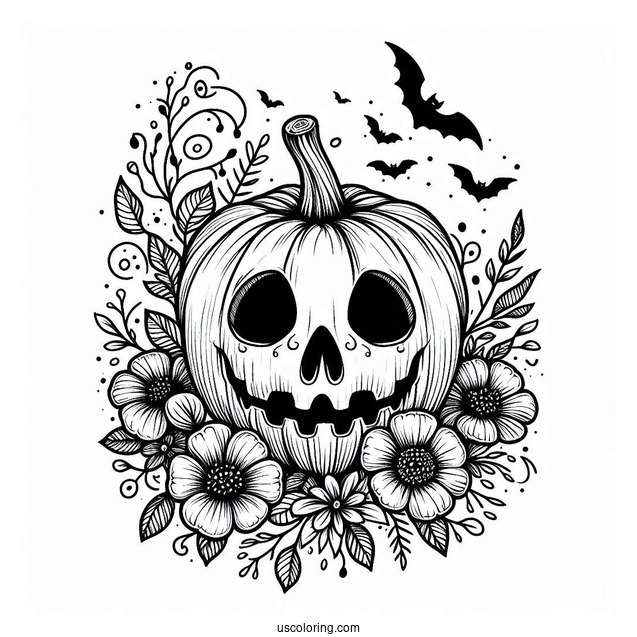Jack O Lantern Pumpkin Coloring Page With A Skull And Flowers
