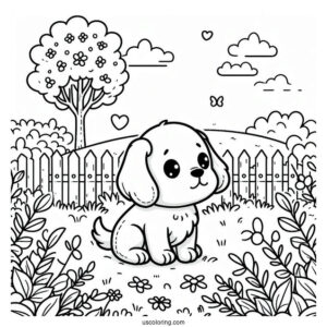 Cute Coloring Page Of Puppy Playing In A Field For Kids