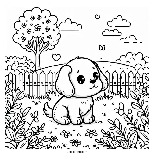 Cute Coloring Page Of Puppy Playing In A Field For Kids
