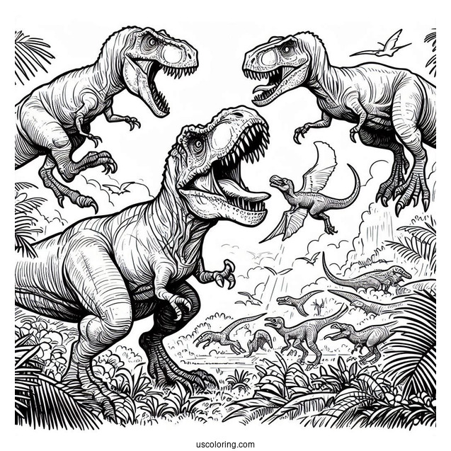 T-Rex Dinosaurs Fighting Velociraptors To Color